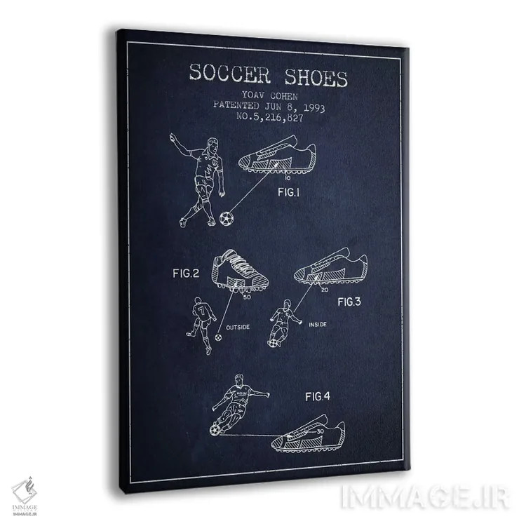 تابلو نقشهٔ ثبت اختراع کفش فوتبال کوهن (آبی نفتی) اثر پیکسل کهنه (استودیو/نام هنری) - نمای پرسپکتیو محصول
