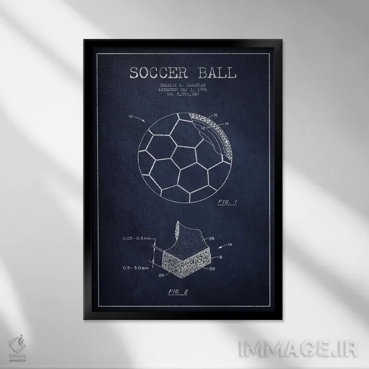 تابلو نقشهٔ ثبت اختراع توپ فوتبال برانتلی (آبی نفتی) اثر پیکسل کهنه (استودیو/نام هنری) - نمای قابدار مشکی