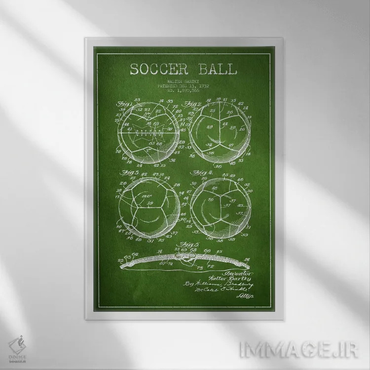 تابلو نقشهٔ ثبت اختراع توپ فوتبال بارتکی (سبز) اثر پیکسل کهنه (استودیو/نام هنری) - نمای قابدار سفید