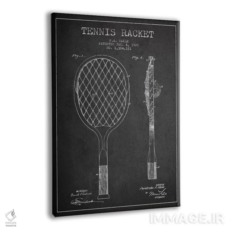 تابلو نقشهٔ ثبت اختراع راکت تنیس (زغالی) اثر پیکسل کهنه (استودیو/نام هنری) - نمای پرسپکتیو محصول