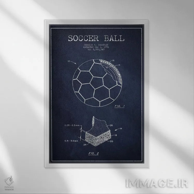 تابلو نقشهٔ ثبت اختراع توپ فوتبال برانتلی (آبی نفتی) اثر پیکسل کهنه (استودیو/نام هنری) - نمای قابدار سفید