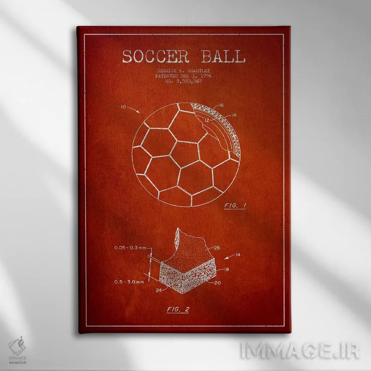 تابلو نقشهٔ ثبت اختراع توپ فوتبال برانتلی (قرمز) اثر پیکسل کهنه (استودیو/نام هنری) - نمای روبهرو روی دیوار