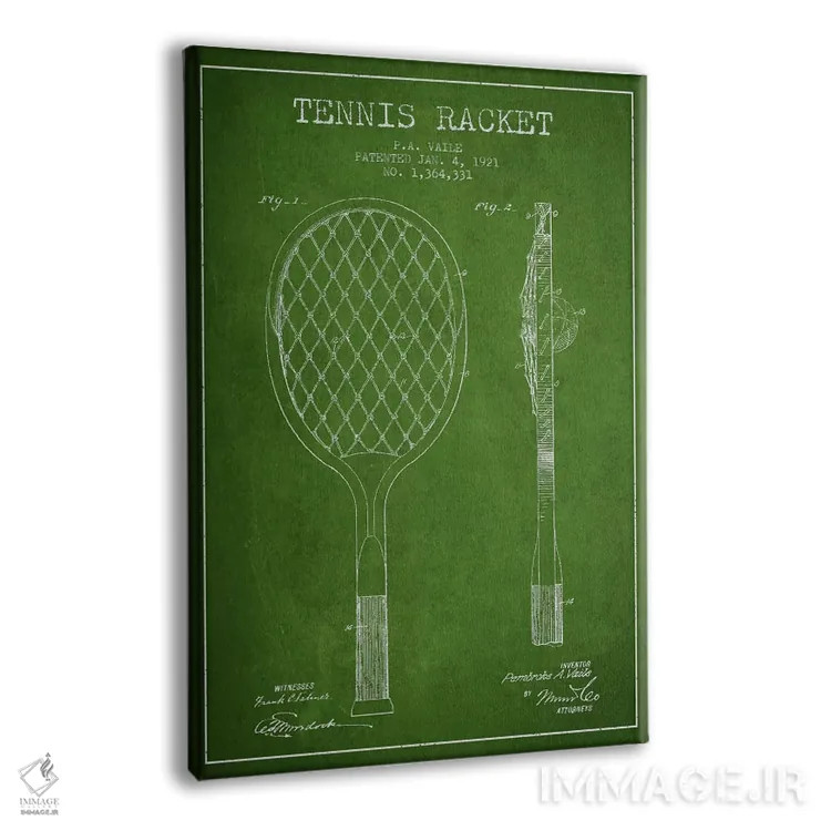 تابلو نقشهٔ ثبت اختراع راکت تنیس (سبز) اثر پیکسل کهنه (استودیو/نام هنری) - نمای پرسپکتیو محصول