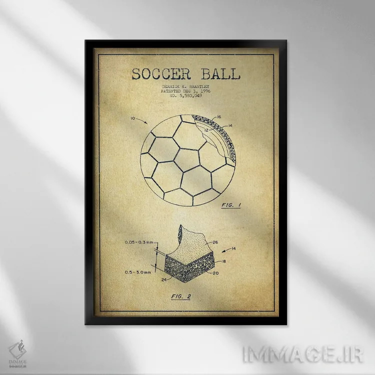 تابلو نقشهٔ ثبت اختراع قدیمی توپ فوتبال برانتلی اثر پیکسل کهنه (استودیو/نام هنری) - نمای قابدار مشکی