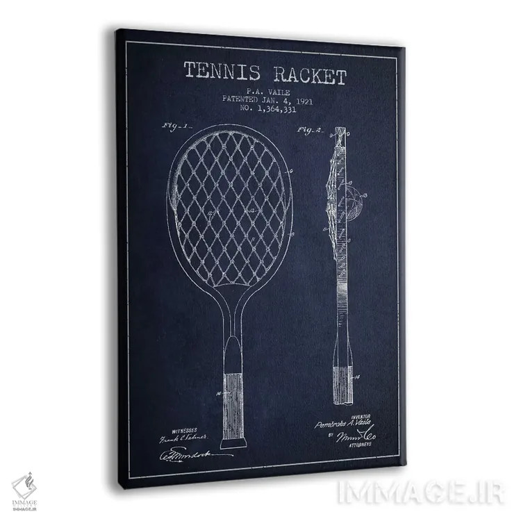 تابلو نقشهٔ ثبت اختراع راکت تنیس (آبی نفتی) اثر پیکسل کهنه (استودیو/نام هنری) - نمای پرسپکتیو محصول