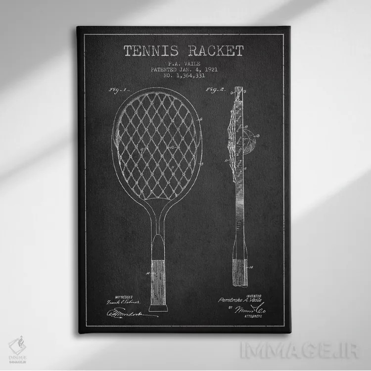 تابلو نقشهٔ ثبت اختراع راکت تنیس (زغالی) اثر پیکسل کهنه (استودیو/نام هنری) - نمای روبهرو روی دیوار