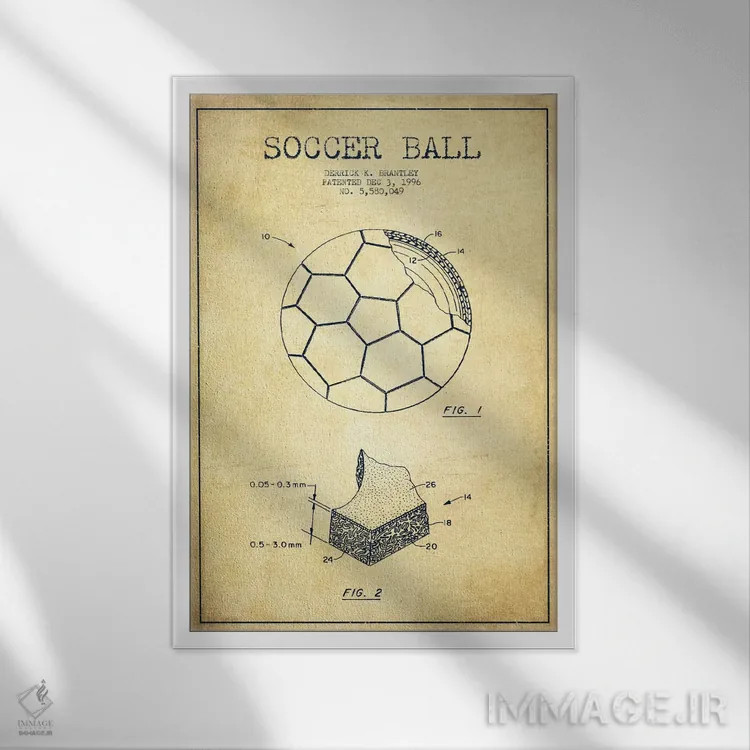 تابلو نقشهٔ ثبت اختراع قدیمی توپ فوتبال برانتلی اثر پیکسل کهنه (استودیو/نام هنری) - نمای قابدار سفید