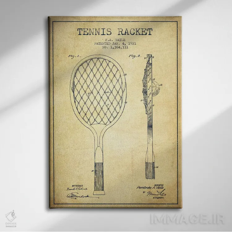 تابلو نقشهٔ ثبت اختراع قدیمی راکت تنیس اثر پیکسل کهنه (استودیو/نام هنری) - نمای روبهرو روی دیوار