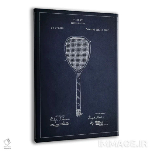 تابلو نقشهٔ ثبت اختراع راکت تنیس (آبی نفتی) اثر پیکسل کهنه (استودیو/نام هنری) - نمای پرسپکتیو محصول