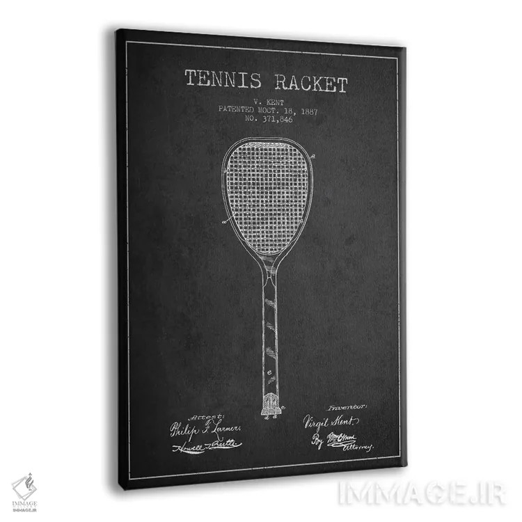 تابلو نقشهٔ ثبت اختراع راکت تنیس (زغالی) اثر پیکسل کهنه (استودیو/نام هنری) - نمای پرسپکتیو محصول