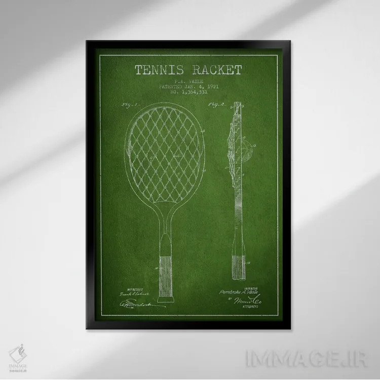 تابلو نقشهٔ ثبت اختراع راکت تنیس (سبز) اثر پیکسل کهنه (استودیو/نام هنری) - نمای قابدار مشکی