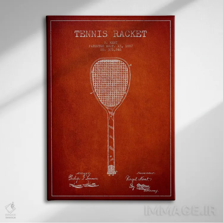 تابلو نقشهٔ ثبت اختراع راکت تنیس (قرمز) اثر پیکسل کهنه (استودیو/نام هنری) - نمای روبهرو روی دیوار
