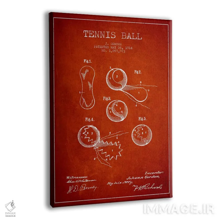 تابلو نقشهٔ ثبت اختراع توپ تنیس (قرمز) اثر پیکسل کهنه (استودیو/نام هنری) - نمای پرسپکتیو محصول