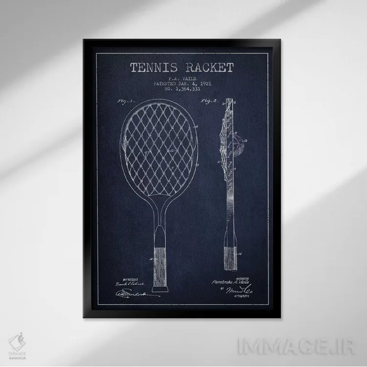 تابلو نقشهٔ ثبت اختراع راکت تنیس (آبی نفتی) اثر پیکسل کهنه (استودیو/نام هنری) - نمای قابدار مشکی