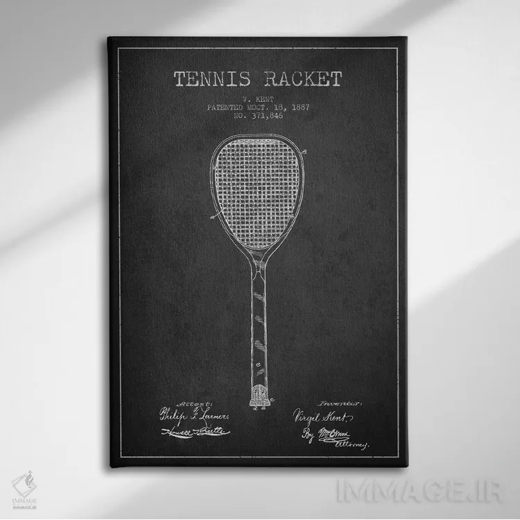 تابلو نقشهٔ ثبت اختراع راکت تنیس (زغالی) اثر پیکسل کهنه (استودیو/نام هنری) - نمای روبهرو روی دیوار