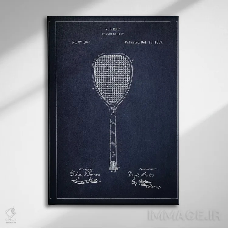 تابلو نقشهٔ ثبت اختراع راکت تنیس (آبی نفتی) اثر پیکسل کهنه (استودیو/نام هنری) - نمای روبهرو روی دیوار