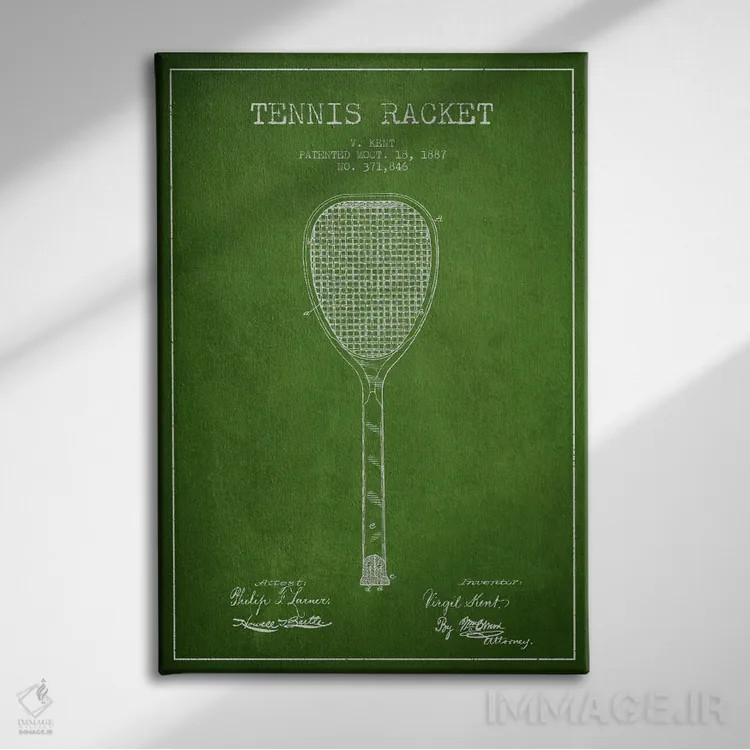 تابلو نقشهٔ ثبت اختراع راکت تنیس (سبز) اثر پیکسل کهنه (استودیو/نام هنری) - نمای روبهرو روی دیوار