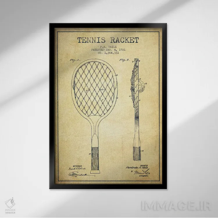 تابلو نقشهٔ ثبت اختراع قدیمی راکت تنیس اثر پیکسل کهنه (استودیو/نام هنری) - نمای قابدار مشکی