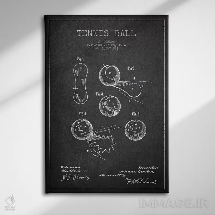 تابلو نقشهٔ ثبت اختراع توپ تنیس (زغالی) اثر پیکسل کهنه (استودیو/نام هنری) - نمای روبهرو روی دیوار