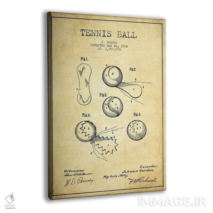 تابلو نقشهٔ ثبت اختراع قدیمی توپ تنیس اثر پیکسل کهنه (استودیو/نام هنری) - نمای پرسپکتیو محصول