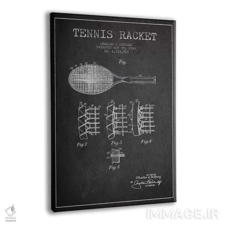 تابلو نقشهٔ ثبت اختراع راکت تنیس (زغالی) اثر پیکسل کهنه (استودیو/نام هنری) - نمای پرسپکتیو محصول
