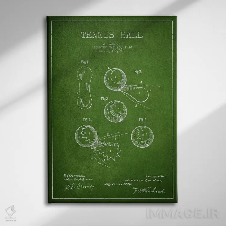 تابلو نقشهٔ ثبت اختراع توپ تنیس (سبز) اثر پیکسل کهنه (استودیو/نام هنری) - نمای روبهرو روی دیوار