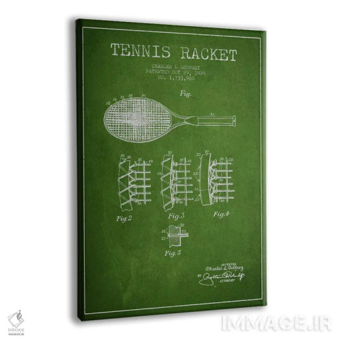 تابلو نقشهٔ ثبت اختراع راکت تنیس (سبز) اثر پیکسل کهنه (استودیو/نام هنری) - نمای پرسپکتیو محصول