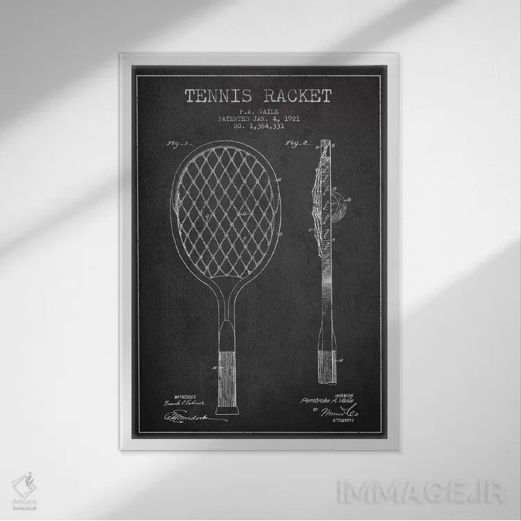 تابلو نقشهٔ ثبت اختراع راکت تنیس (زغالی) اثر پیکسل کهنه (استودیو/نام هنری) - نمای قابدار سفید