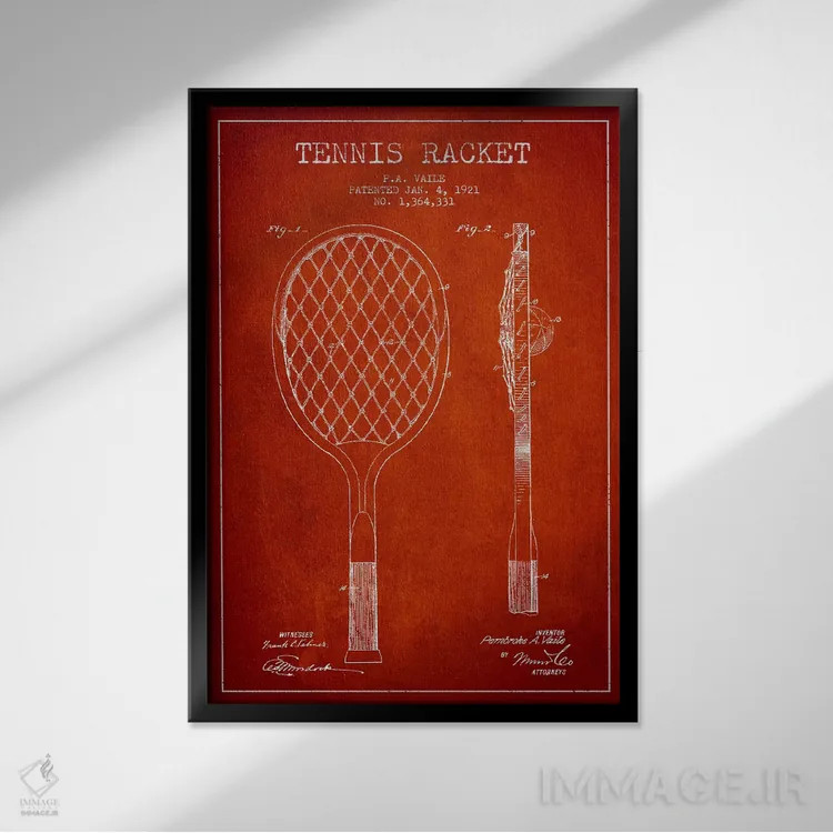 تابلو نقشهٔ ثبت اختراع راکت تنیس (قرمز) اثر پیکسل کهنه (استودیو/نام هنری) - نمای قابدار مشکی