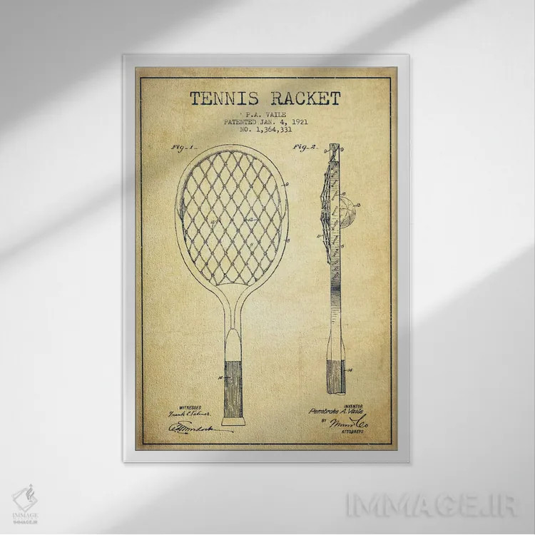تابلو نقشهٔ ثبت اختراع قدیمی راکت تنیس اثر پیکسل کهنه (استودیو/نام هنری) - نمای قابدار سفید