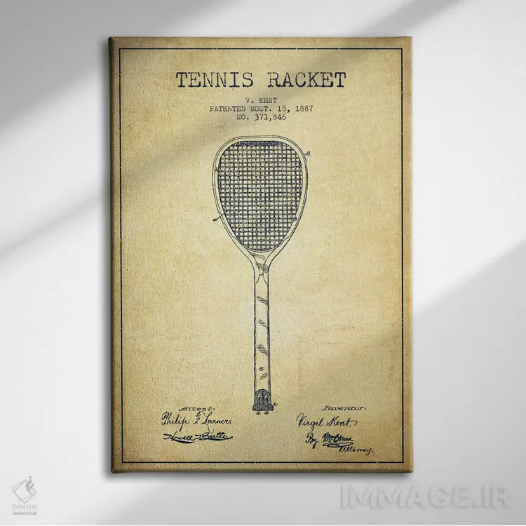 تابلو نقشهٔ ثبت اختراع قدیمی راکت تنیس اثر پیکسل کهنه (استودیو/نام هنری) - نمای روبهرو روی دیوار