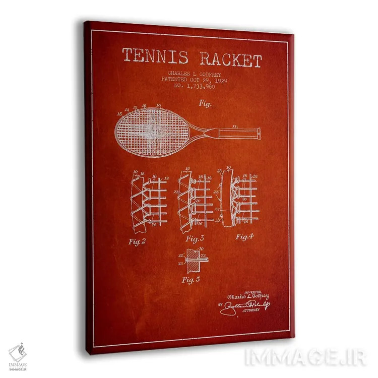 تابلو نقشهٔ ثبت اختراع راکت تنیس (قرمز) اثر پیکسل کهنه (استودیو/نام هنری) - نمای پرسپکتیو محصول