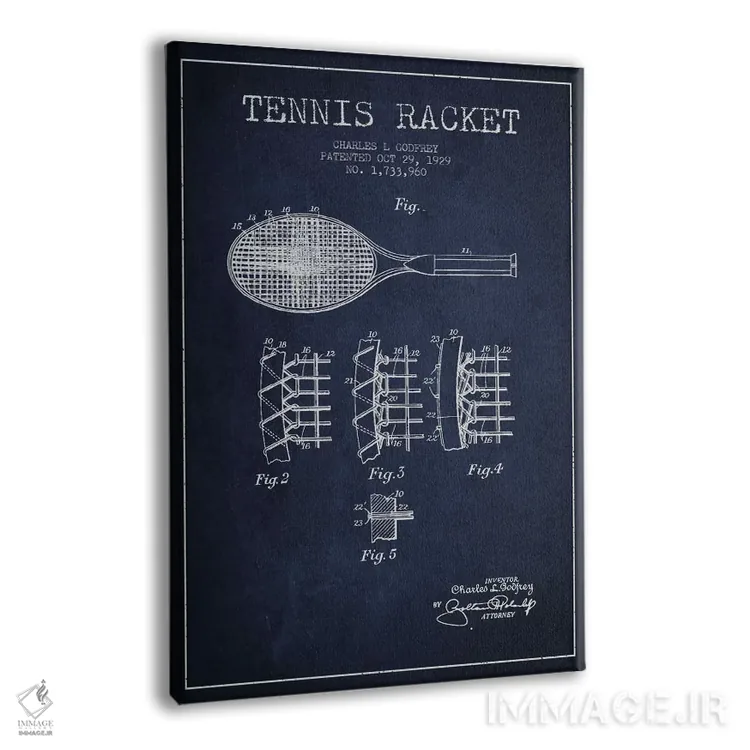 تابلو نقشهٔ ثبت اختراع راکت تنیس (آبی نفتی) اثر پیکسل کهنه (استودیو/نام هنری) - نمای پرسپکتیو محصول