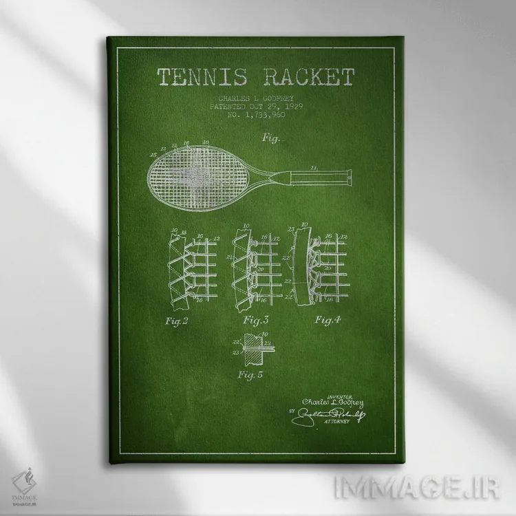 تابلو نقشهٔ ثبت اختراع راکت تنیس (سبز) اثر پیکسل کهنه (استودیو/نام هنری) - نمای روبهرو روی دیوار