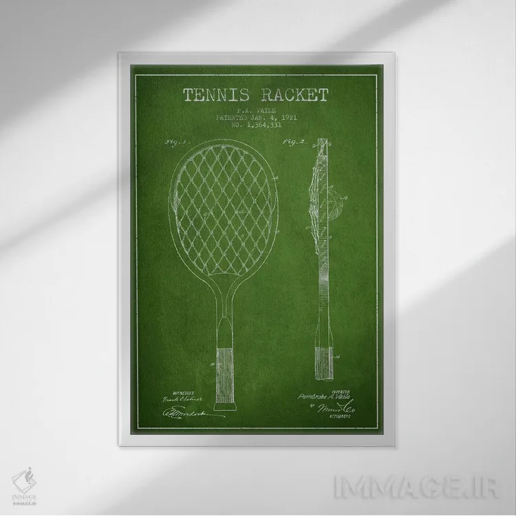 تابلو نقشهٔ ثبت اختراع راکت تنیس (سبز) اثر پیکسل کهنه (استودیو/نام هنری) - نمای قابدار سفید