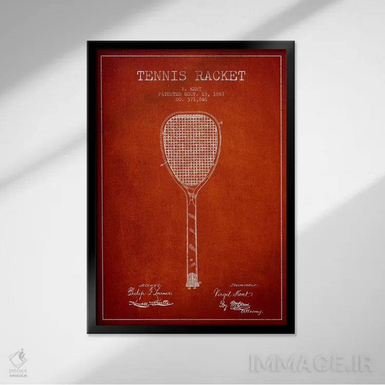 تابلو نقشهٔ ثبت اختراع راکت تنیس (قرمز) اثر پیکسل کهنه (استودیو/نام هنری) - نمای قابدار مشکی