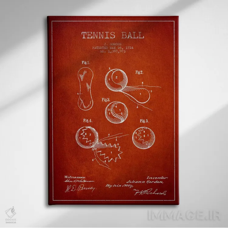 تابلو نقشهٔ ثبت اختراع توپ تنیس (قرمز) اثر پیکسل کهنه (استودیو/نام هنری) - نمای روبهرو روی دیوار