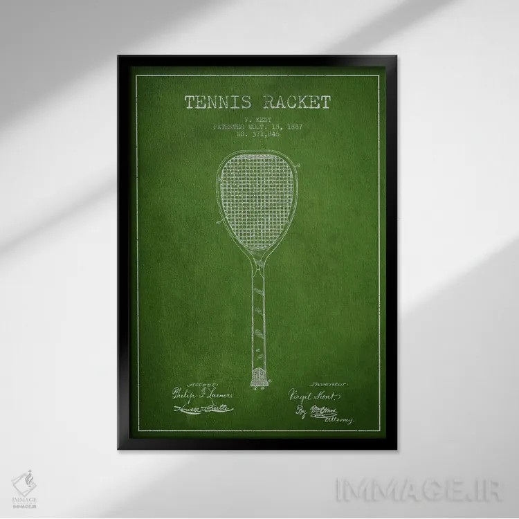 تابلو نقشهٔ ثبت اختراع راکت تنیس (سبز) اثر پیکسل کهنه (استودیو/نام هنری) - نمای قابدار مشکی