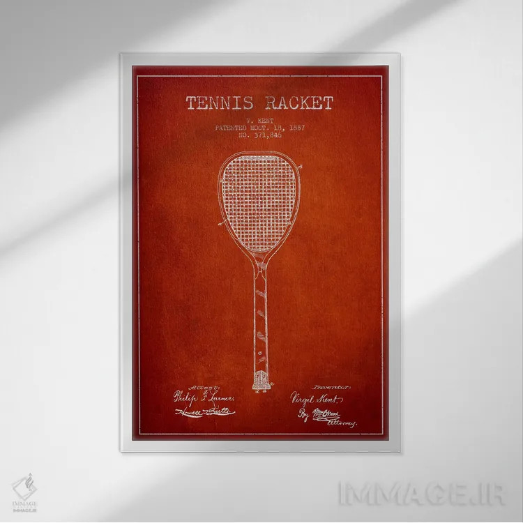 تابلو نقشهٔ ثبت اختراع راکت تنیس (قرمز) اثر پیکسل کهنه (استودیو/نام هنری) - نمای قابدار سفید