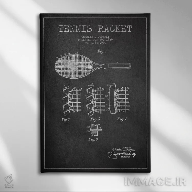 تابلو نقشهٔ ثبت اختراع راکت تنیس (زغالی) اثر پیکسل کهنه (استودیو/نام هنری) - نمای روبهرو روی دیوار