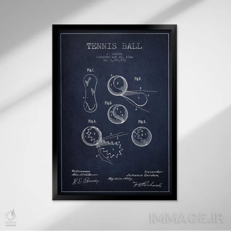 تابلو نقشهٔ ثبت اختراع توپ تنیس (آبی نفتی) اثر پیکسل کهنه (استودیو/نام هنری) - نمای قابدار مشکی