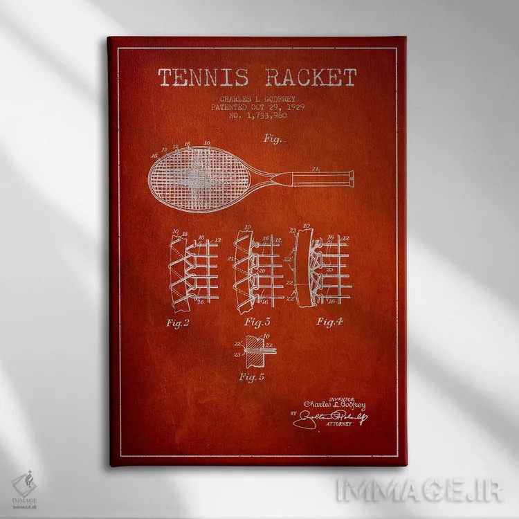 تابلو نقشهٔ ثبت اختراع راکت تنیس (قرمز) اثر پیکسل کهنه (استودیو/نام هنری) - نمای روبهرو روی دیوار