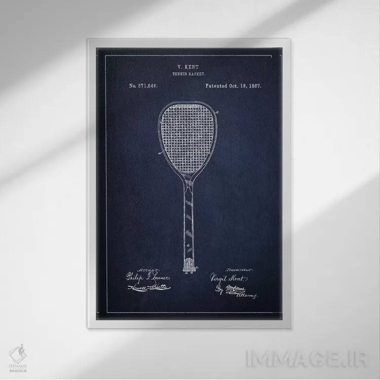تابلو نقشهٔ ثبت اختراع راکت تنیس (آبی نفتی) اثر پیکسل کهنه (استودیو/نام هنری) - نمای قابدار سفید