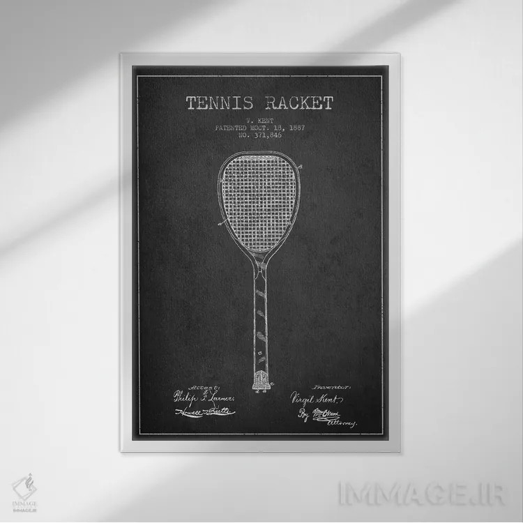 تابلو نقشهٔ ثبت اختراع راکت تنیس (زغالی) اثر پیکسل کهنه (استودیو/نام هنری) - نمای قابدار سفید