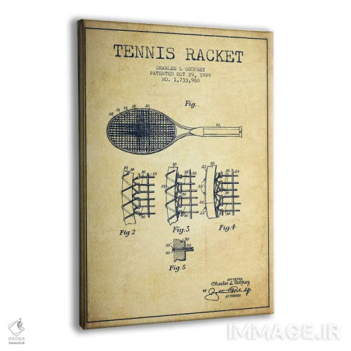 تابلو نقشهٔ ثبت اختراع قدیمی راکت تنیس اثر پیکسل کهنه (استودیو/نام هنری) - نمای پرسپکتیو محصول