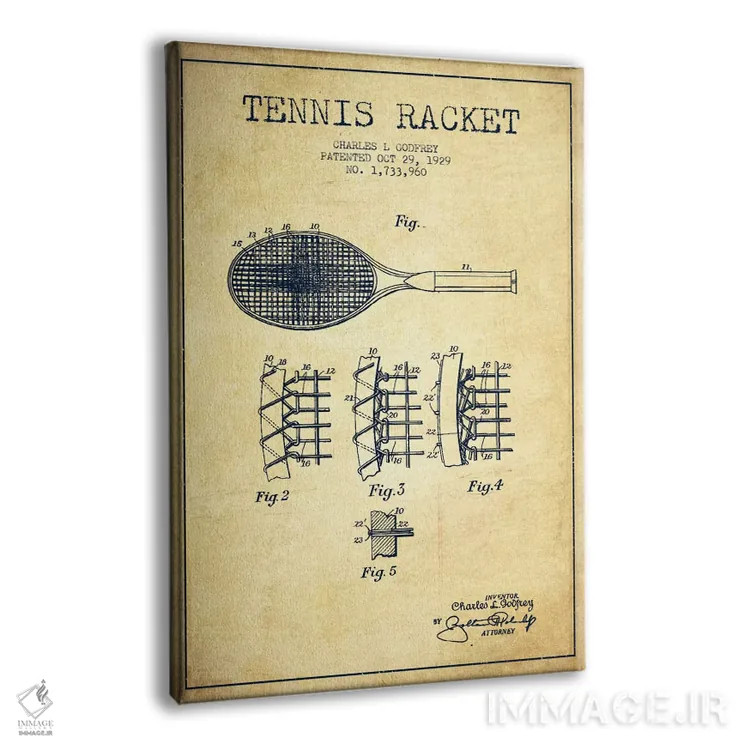 تابلو نقشهٔ ثبت اختراع قدیمی راکت تنیس اثر پیکسل کهنه (استودیو/نام هنری) - نمای پرسپکتیو محصول