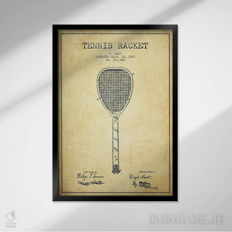 تابلو نقشهٔ ثبت اختراع قدیمی راکت تنیس اثر پیکسل کهنه (استودیو/نام هنری) - نمای قابدار مشکی