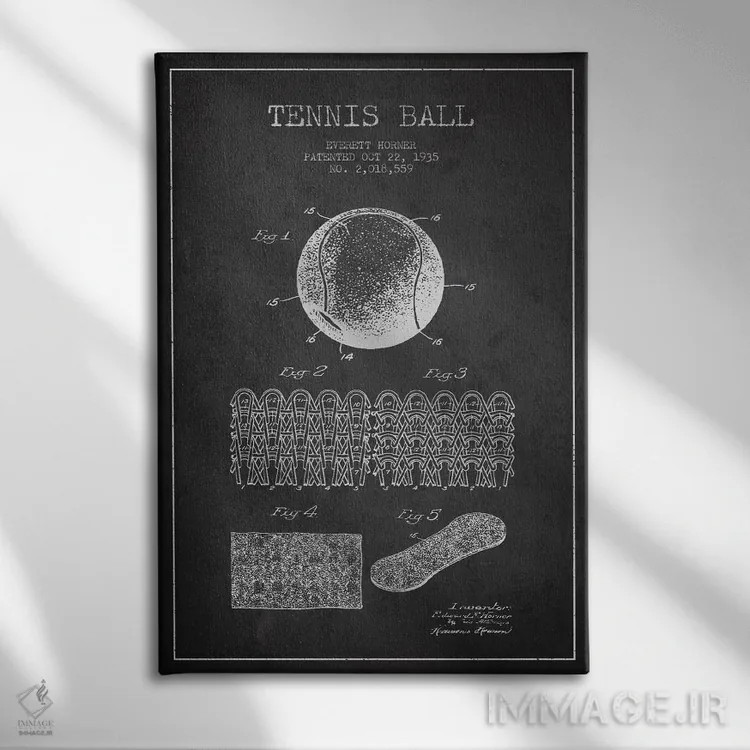 تابلو نقشهٔ ثبت اختراع توپ تنیس (زغالی) اثر پیکسل کهنه (استودیو/نام هنری) - نمای روبهرو روی دیوار