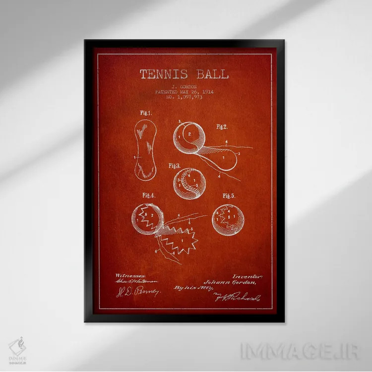 تابلو نقشهٔ ثبت اختراع توپ تنیس (قرمز) اثر پیکسل کهنه (استودیو/نام هنری) - نمای قابدار مشکی