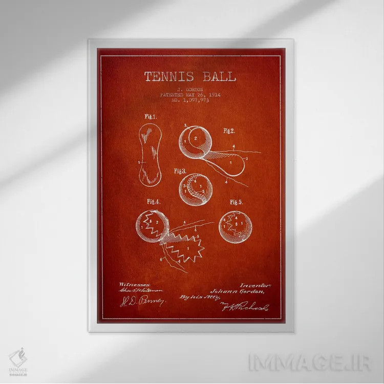 تابلو نقشهٔ ثبت اختراع توپ تنیس (قرمز) اثر پیکسل کهنه (استودیو/نام هنری) - نمای قابدار سفید